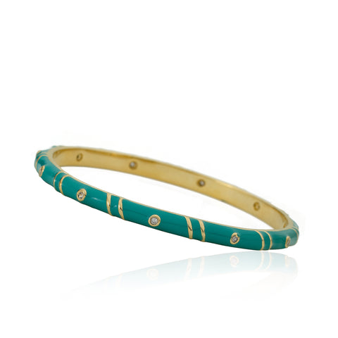 Turquoise Enamel Bangle With Cubic Zirconia & Double Gold Lines