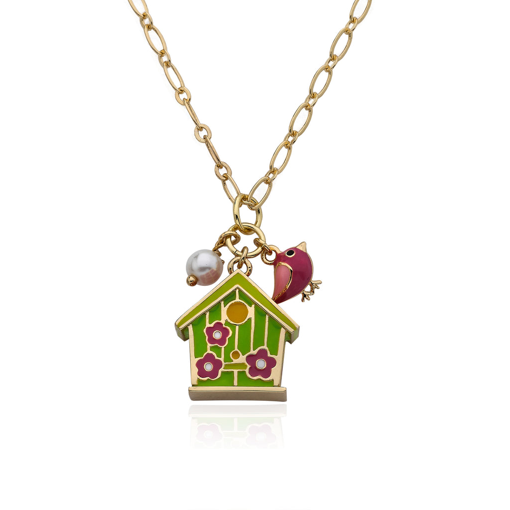 Enamel Birdhouse Cluster Necklace
