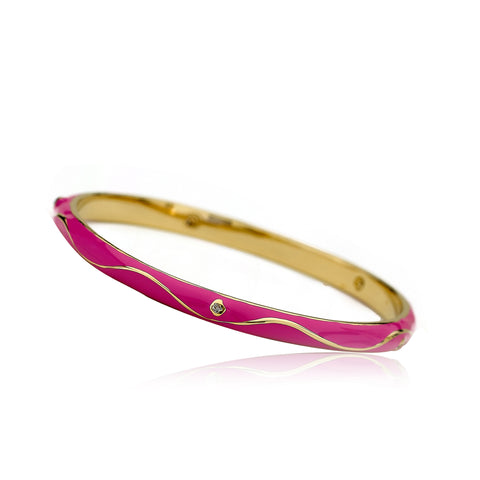 Hot Pink Enamel Bangle With Cubic Zirconia Dots And Swirls
