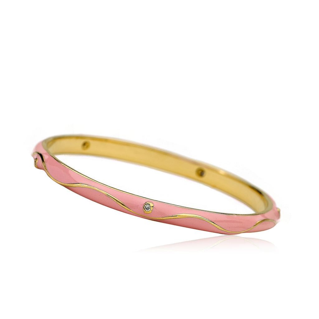 Pink Enamel Bangle With Cubic Zirconia Dots And Swirls