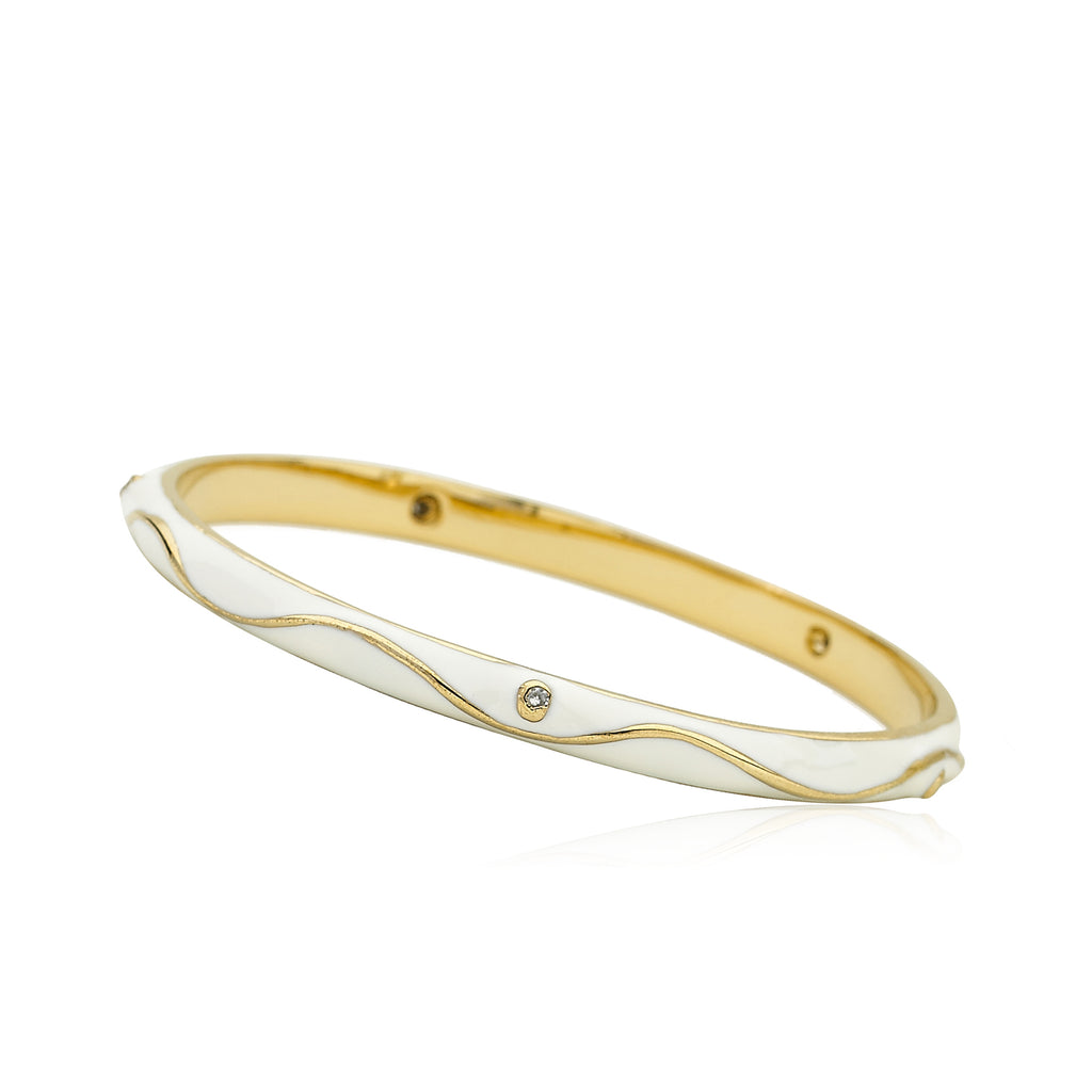 White Enamel Bangle With Cubic Zirconia Dots And Swirls