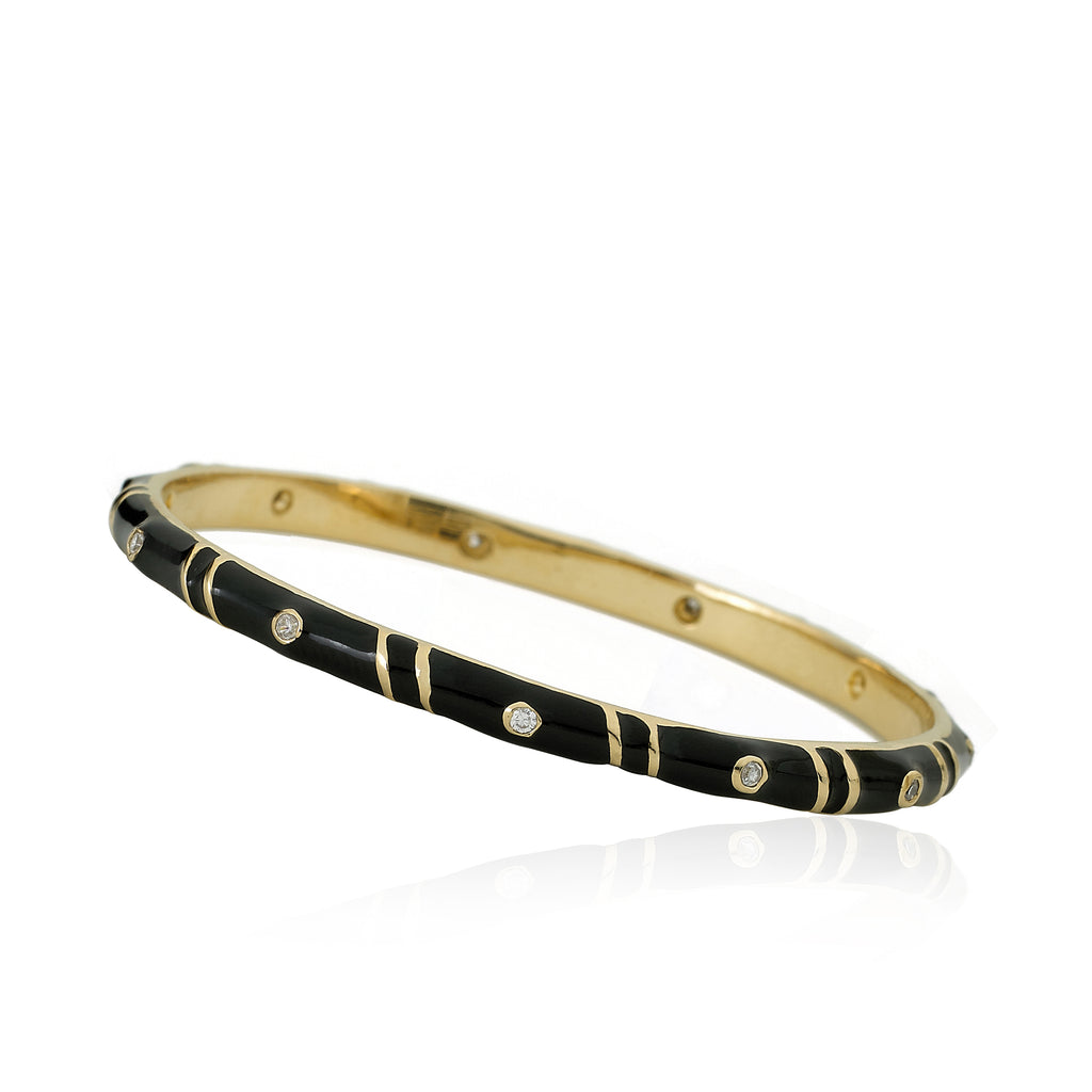 Black Enamel Bangle With Cubic Zirconia & Double Gold Lines