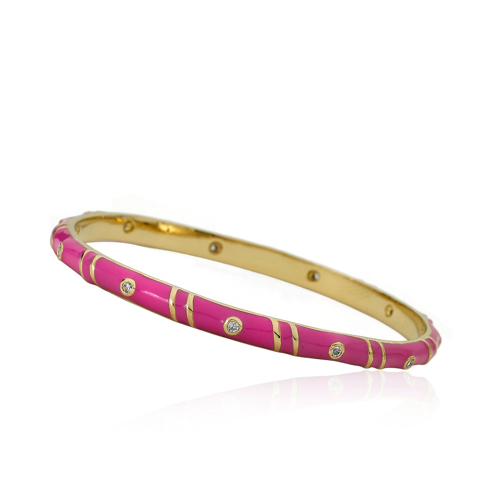 Hot Pink Enamel Bangle With Cubic Zirconia & Double Gold Lines