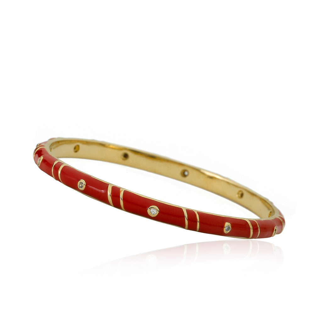 Red Enamel Bangle With Cubic Zirconia & Double Gold Lines