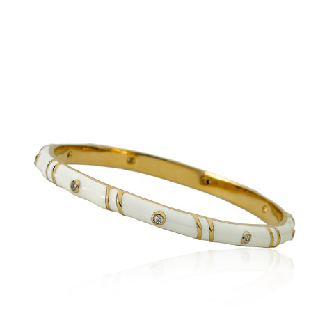 White Enamel Bangle With Cubic Zirconia & Double Gold Lines