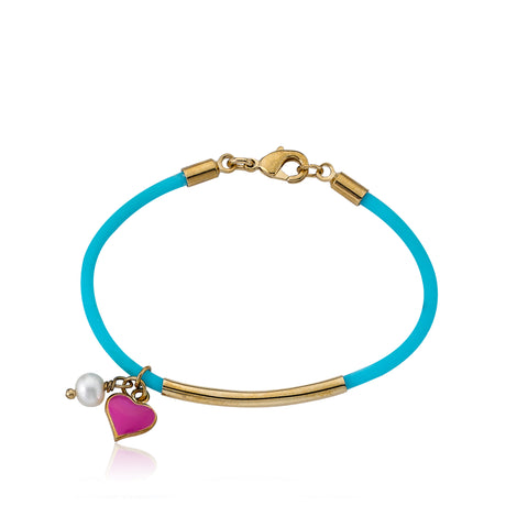 Aqua Rubber Bangle With Hot Pink Heart & Pearl Charms