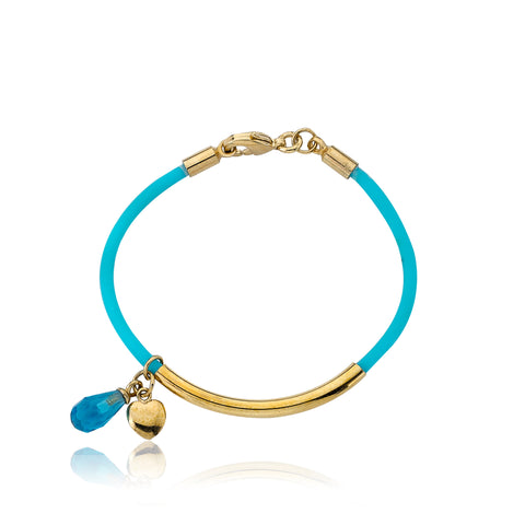 Aqua Rubber Bangle With 14K Gold Plated Bar Gold Heart & Crystal