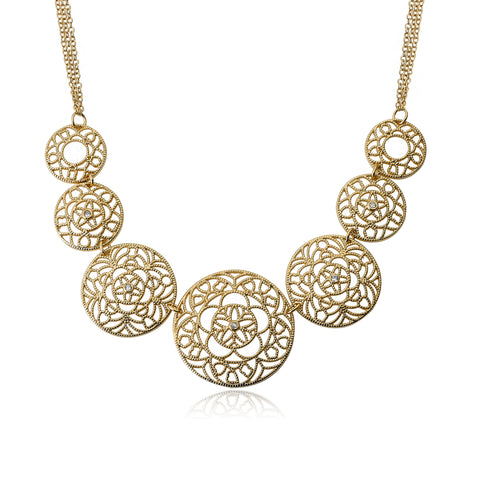 14K Gold Plated Lace Flowers Circles Chain Necklace